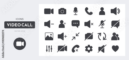 Icon Videocall. Set of basic symbols for video chat, business webinar or online communication. Phone, sound, microphone, camera, call buttons. Flat vector illustration.