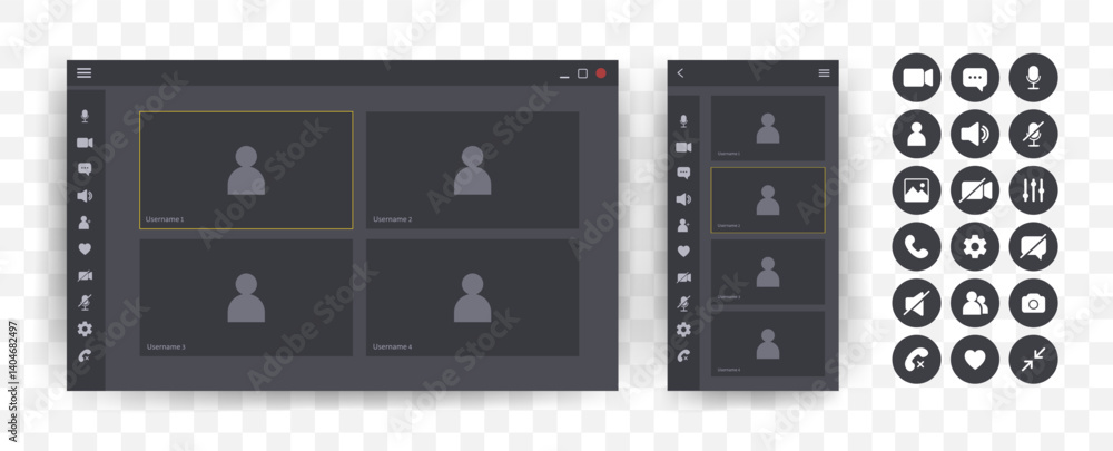Videocall Interface. Online video chat template with user icon. Virtual meeting screen. Web conference app layout. Flat Vector illustration. Videocall Interface. Online video chat template with user icon. Virtual meeting screen. Web conference app layout. Flat Vector illustration.