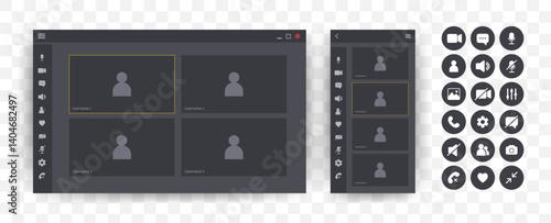 Videocall Interface. Online video chat template with user icon. Virtual meeting screen. Web conference app layout. Flat Vector illustration.