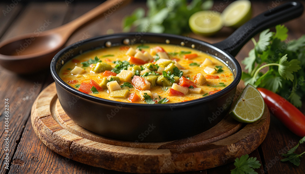 Vibrant Tom Kha soup presentation on wooden board, culinary delight Vibrant Tom Kha soup presentation on wooden board, culinary delight