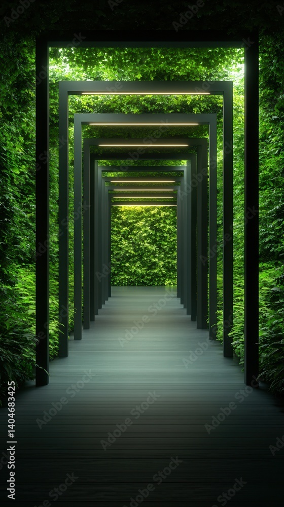 Fototapeta premium nature conservation concept. Serene pathway framed by lush greenery and arching structures.