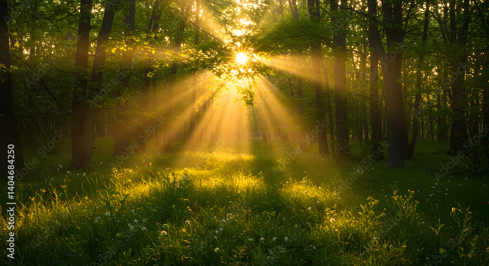 Fototapeta premium Sunlight streaming through green forest trees illuminating the vibrant forest floor