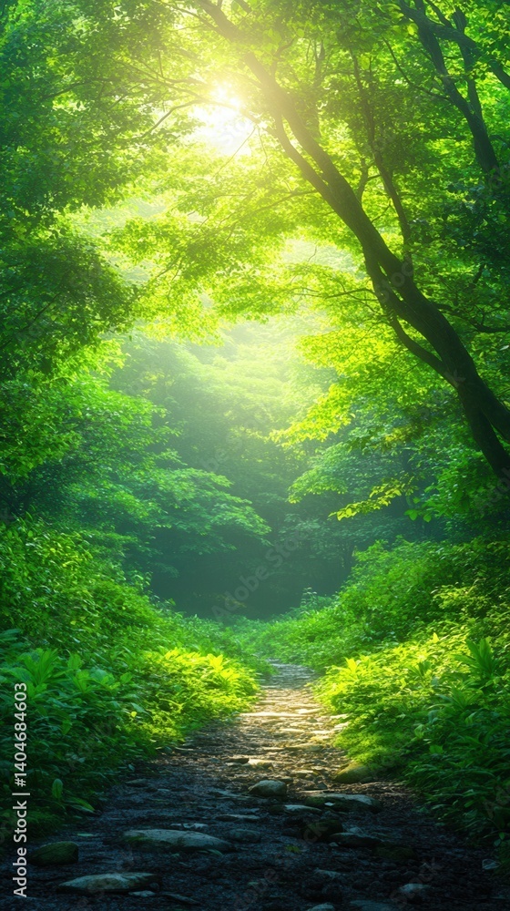 Fototapeta premium nature conservation concept. Serene forest path illuminated by soft sunlight.