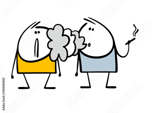 Man smokes in a public place, releases toxic smoke, and passerby suffers. Vector illustration of a bad habit. Cartoon people isolated on white background.