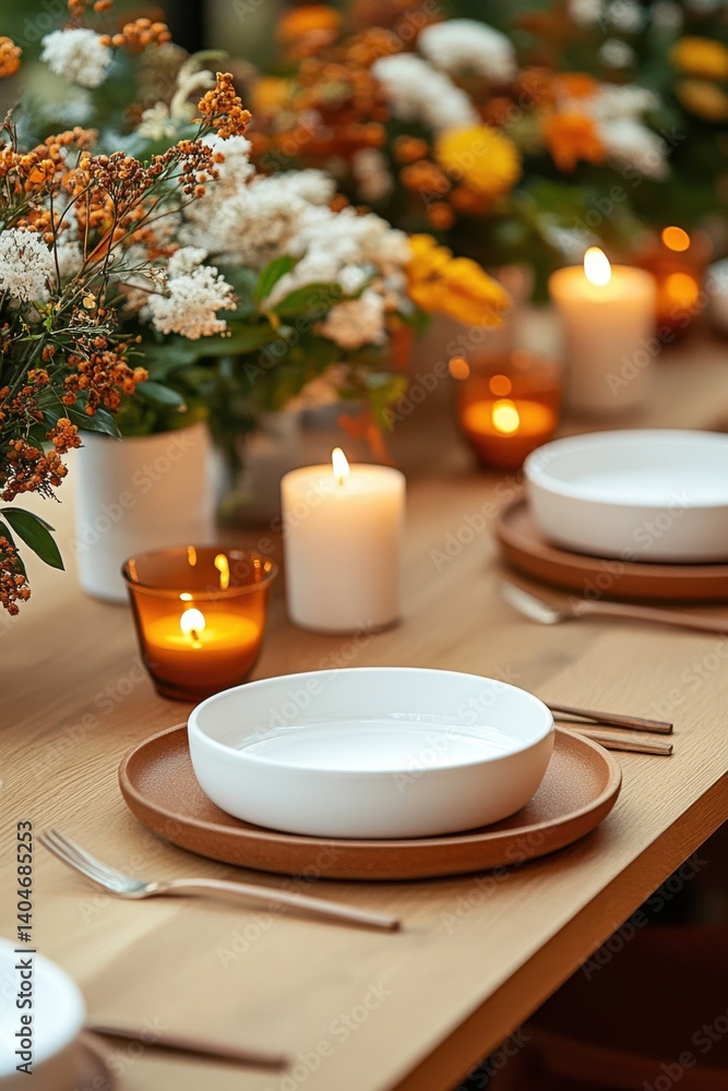Table set for a cozy dinner with warm lights and vibrant flowers in an inviting atmosphere during autumn Table set for a cozy dinner with warm lights and vibrant flowers in an inviting atmosphere during autumn