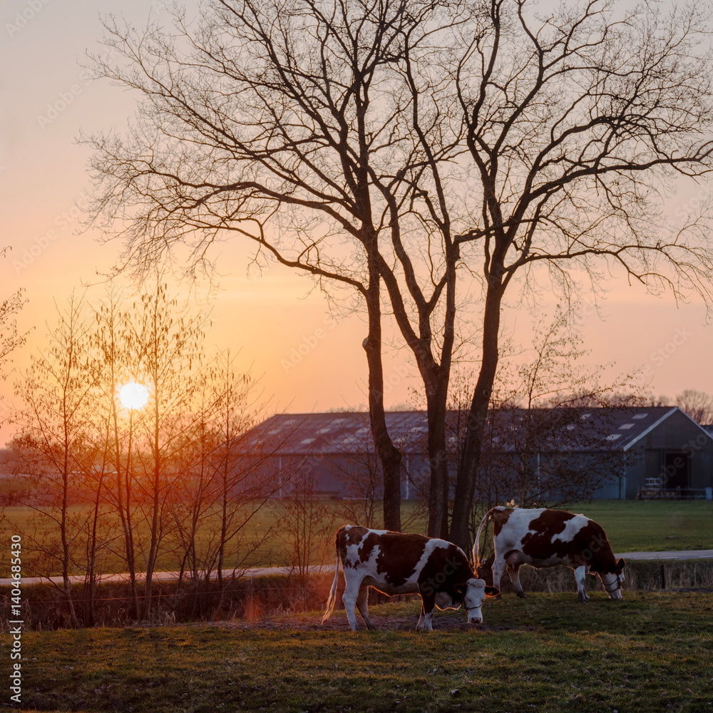 red and white spotted cows near farm in dutch province of utrecht during sunset