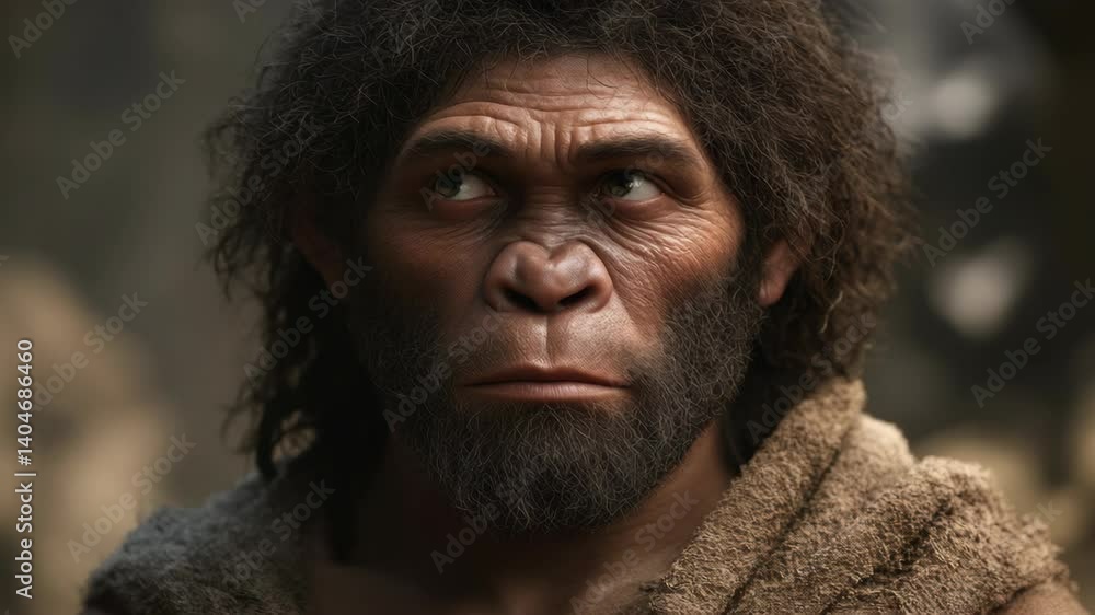 Ancient Human or Neanderthal Standing in Nature Observing the Horizon with a Curious Gaze Ancient Human or Neanderthal Standing in Nature Observing the Horizon with a Curious Gaze