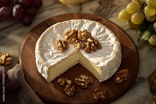 Creamy cheese topped with walnuts presented on a wooden board next to fresh grapes in a cozy kitchen setting