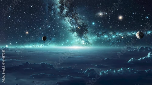 宇宙空間に浮かぶ星雲と星と雲海の映像