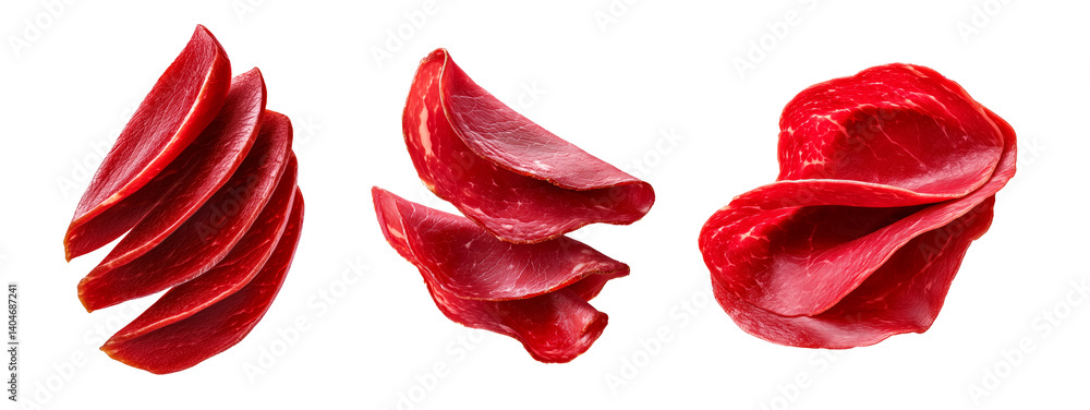 Fototapeta premium Set of thin slices of cured meat Bresaola with marbled texture isolated on white background, concept of delicacy