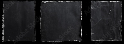Triptych of Torn Black Paper Textures, Black Background, Grunge, Poster Mockup Grunge, texture