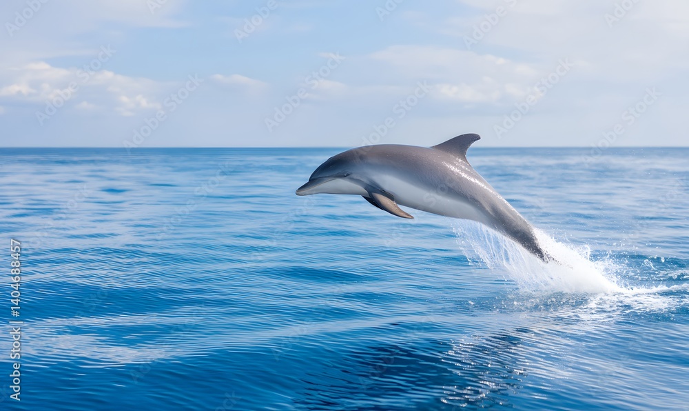 Fototapeta premium A dolphin leaping out of the blue ocean water, Generative AI