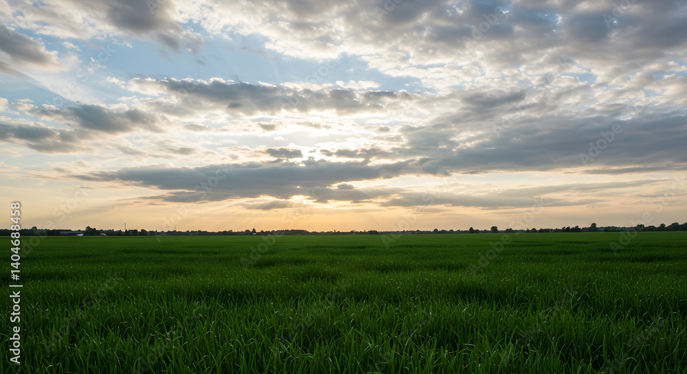Obraz premium Green field bathed in golden sunset light under a cloud-filled sky