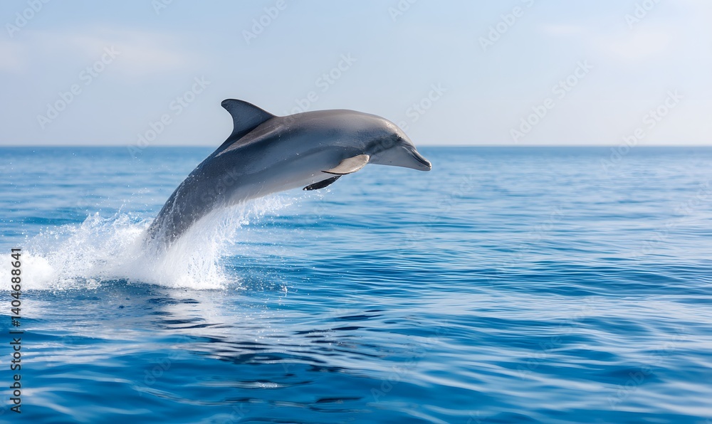 A dolphin leaping out of the blue ocean water, Generative AI A dolphin leaping out of the blue ocean water, Generative AI
