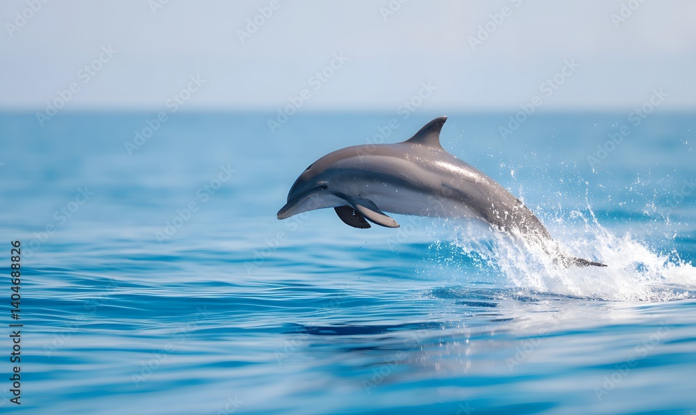 Fototapeta premium A dolphin leaping out of the blue ocean water, Generative AI