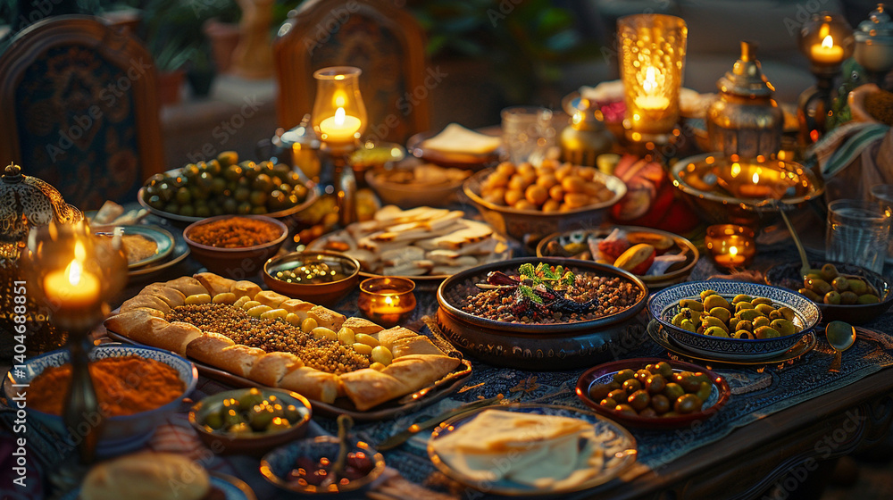 A traditional Turkish iftar meal, featuring dates, lentil soup, pide bread, olives, and a variety of meze dishes, served on an ornately decorated dining table under warm evening lighting. A traditional Turkish iftar meal, featuring dates, lentil soup, pide bread, olives, and a variety of meze dishes, served on an ornately decorated dining table under warm evening lighting.