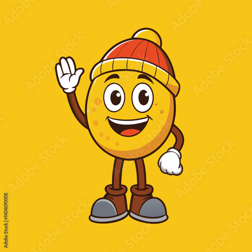 Cute cartoon character wearing a beanie hat and boots, smiling and waving with a yellow background, vector illustration.