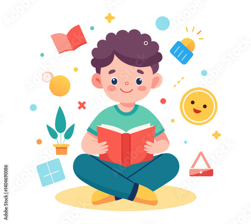 boy with book, Elegant vector artwork of a young boy deeply engaged in reading, set against a vibrant, imaginative backdrop. A perfect fit for premium educational, editorial, or children’s content