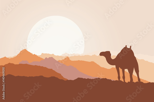 Camel and desert silhouette background illustration.  Boho Abstract Landscapes Canvas Print. Trendy vector illustration