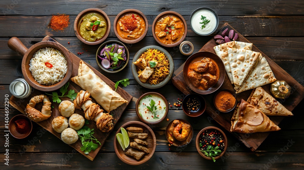 Indian dishes such as chicken tandoori biryani rice and more on the table Indian dishes such as chicken tandoori biryani rice and more on the table