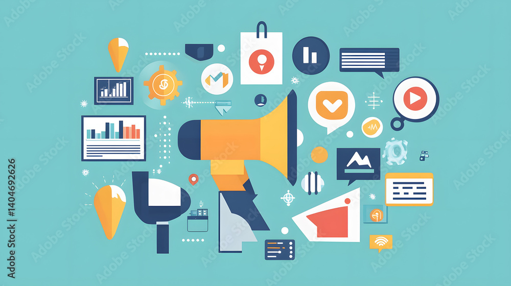 Marketing Amplified: An illustration of marketing concepts and tools, highlighted with a megaphone centerpiece and symbolic icons. It's a visual representation of communication, advertising. Marketing Amplified: An illustration of marketing concepts and tools, highlighted with a megaphone centerpiece and symbolic icons. It's a visual representation of communication, advertising.
