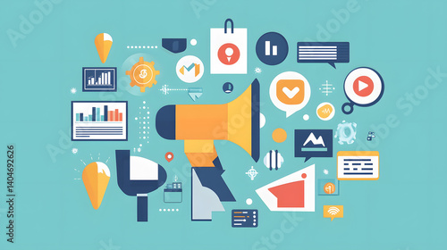 Marketing Amplified: An illustration of marketing concepts and tools, highlighted with a megaphone centerpiece and symbolic icons. It's a visual representation of communication, advertising.