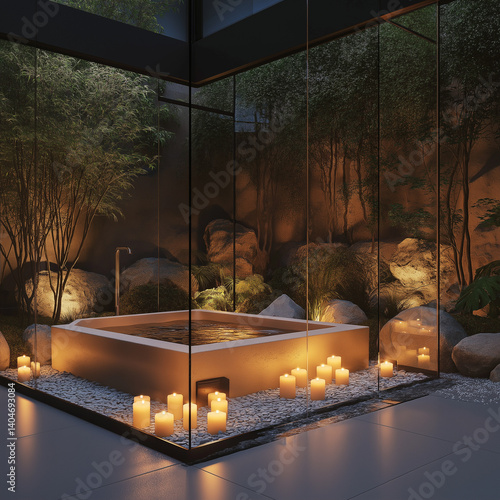 bathtub inside a glass cube surrounded by a candle-lit zen rock garden.