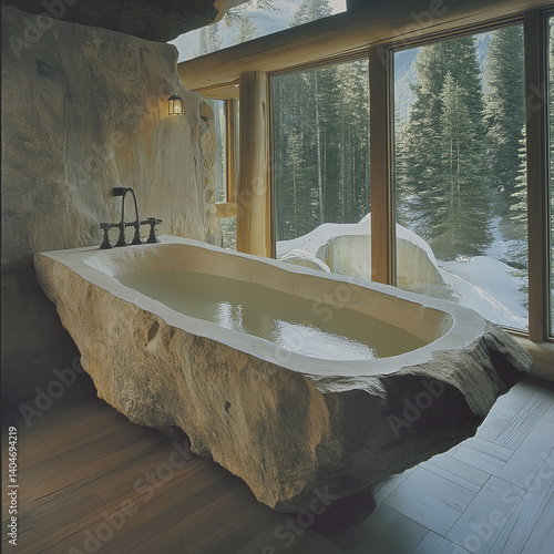 luxury bath carved into a natural boulder inside a mountain home.