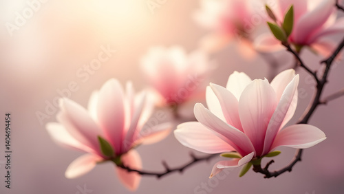 Soft-focus magnolia with blush-pearl blossoms, dreamy bokeh, and golden light embodies spring’s delicate grace.