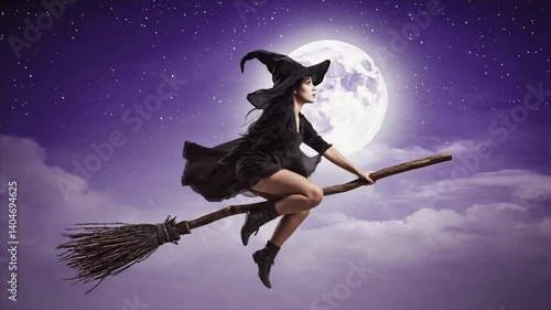 Spooky Halloween witch flying on broomstick across moonlit night sky, casting magic spells in eerie, enchanted dark fantasy scene.