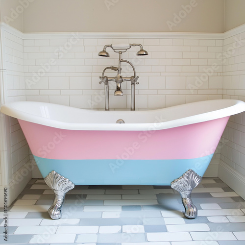 A vintage clawfoot tub repainted in pastel colors for a chic retro look.