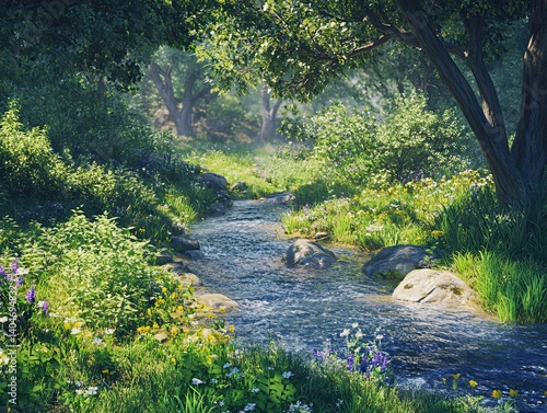 A peaceful riverside landscape with a calm stream flowing through the forest, surrounded by lush greenery. 