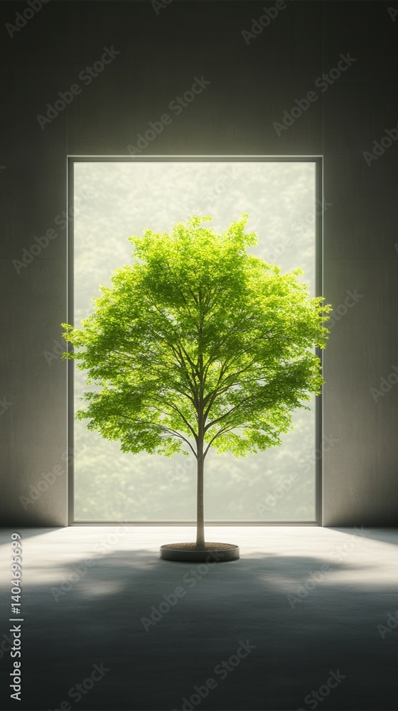 Obraz premium nature conservation concept. A tree illuminated by a window in a minimalistic setting.