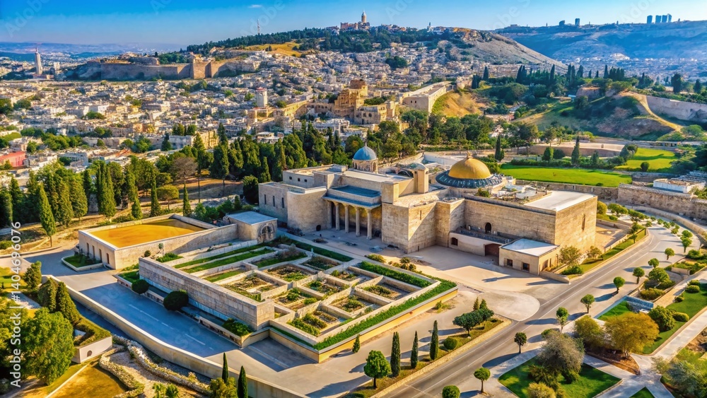 Fototapeta premium Jerusalem Ancient Cityscape: An aerial view captures the majestic beauty of ancient Jerusalem, showcasing historic buildings, religious sites, and verdant gardens under a clear sky.