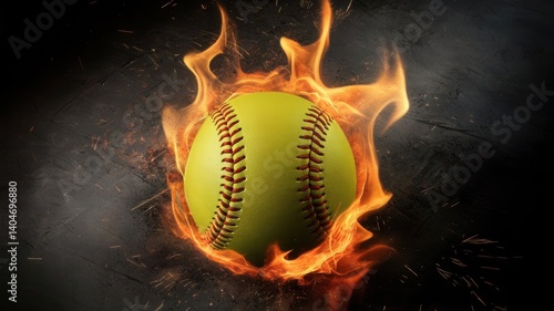 Intense softball with vibrant fire effect and dynamic dark background