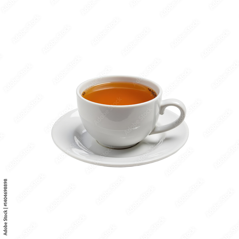 A white ceramic cup filled with amber-colored tea on a matching saucer. A white ceramic cup filled with amber-colored tea on a matching saucer.