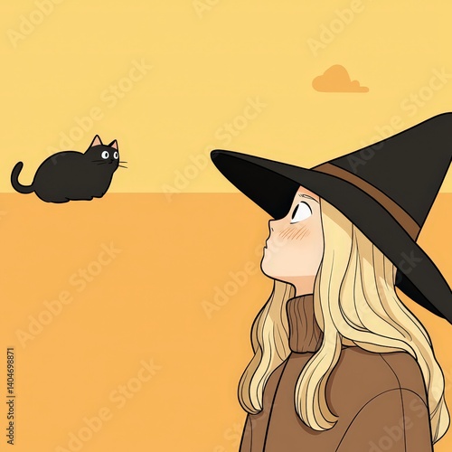 Little cartoon witch floating with her cat in a pastel sky, cozy fantasy