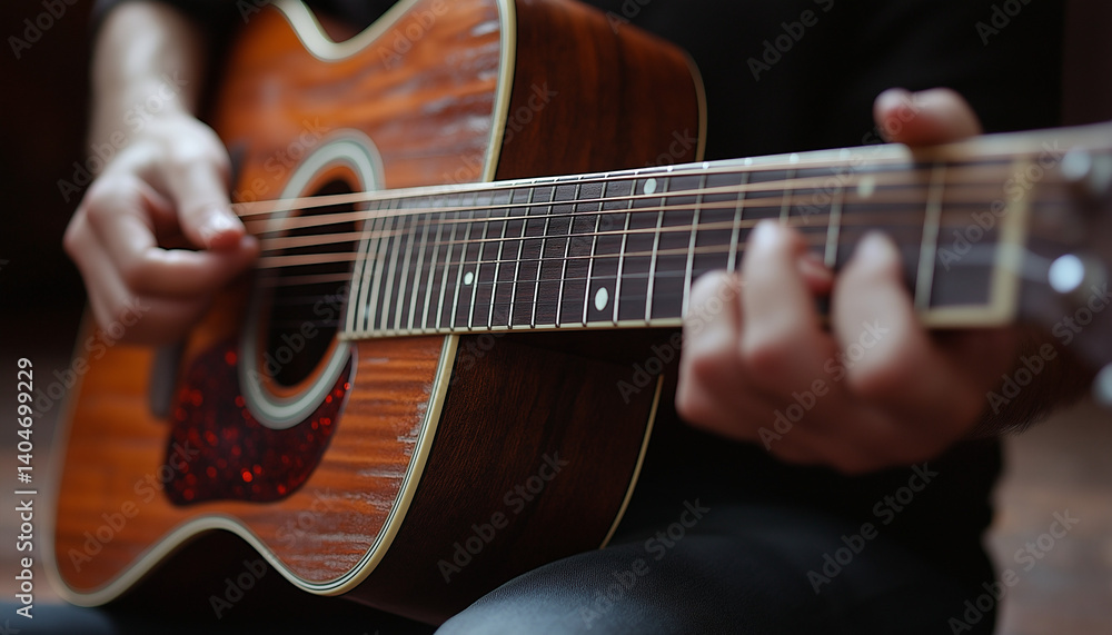 Fototapeta premium Close-up of a Person Playing an Acoustic Guitar