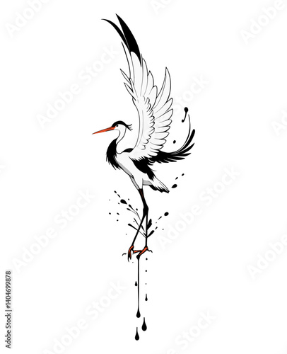 Black and white heron spreads its graceful wings. Water bird illustration for tattoo or print. Oriental style wildlife scene with drops for wall art decor