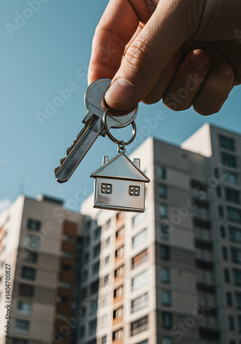Hand holding key with home model keychain against high-rise apartment building. Saving money for buying house. Investment mortgage finance, loan. Real estate sales, financial planning concepts