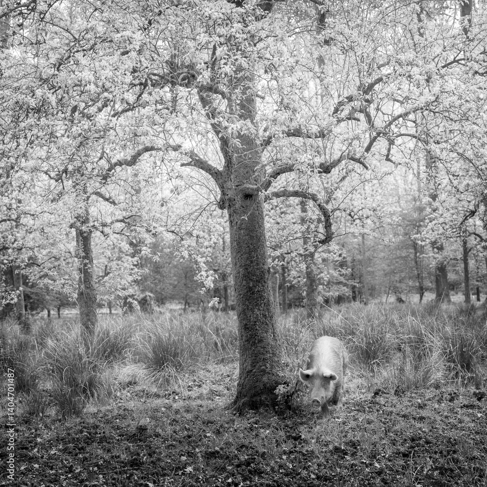 pig under blossoming fruit trees in dutch spring near utrecht in holland