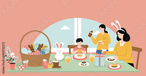 Easter morning. A basket filled with eggs, chocolate bunnies, and small gifts on a breakfast table