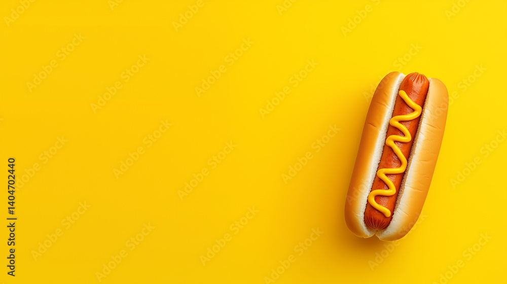 Classic hot dog with mustard on a vibrant yellow background Classic hot dog with mustard on a vibrant yellow background