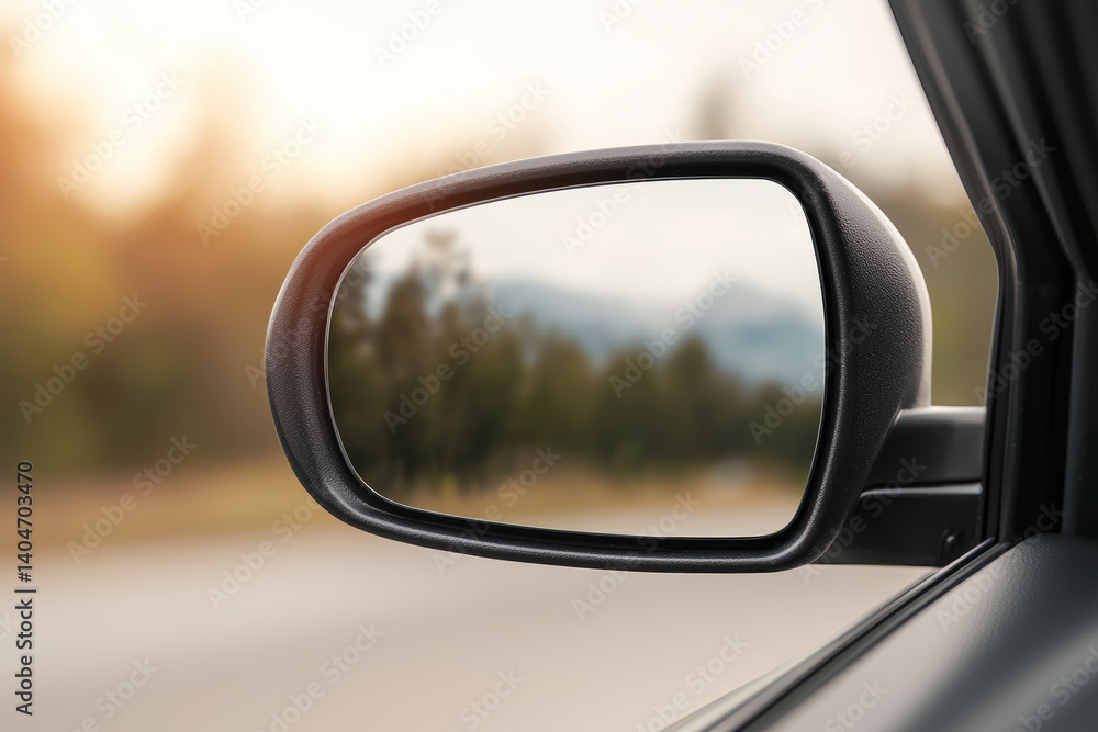 Car mirror shows scenic view, reflecting adventure and journey ahead Car mirror shows scenic view, reflecting adventure and journey ahead