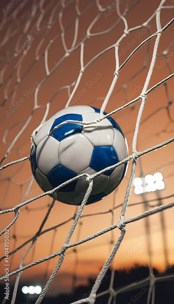 Naklejka premium Soccer Ball Caught in Goal Net at Sunset with Stadium Lights Glowing in Background – Dramatic Orange Sky and Evening Sports Atmosphere
