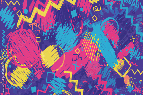 Vibrant Abstract Design: A kaleidoscope of shapes and colors, featuring scribbles, and patterns in a dynamic composition that evokes energy and visual intrigue. 