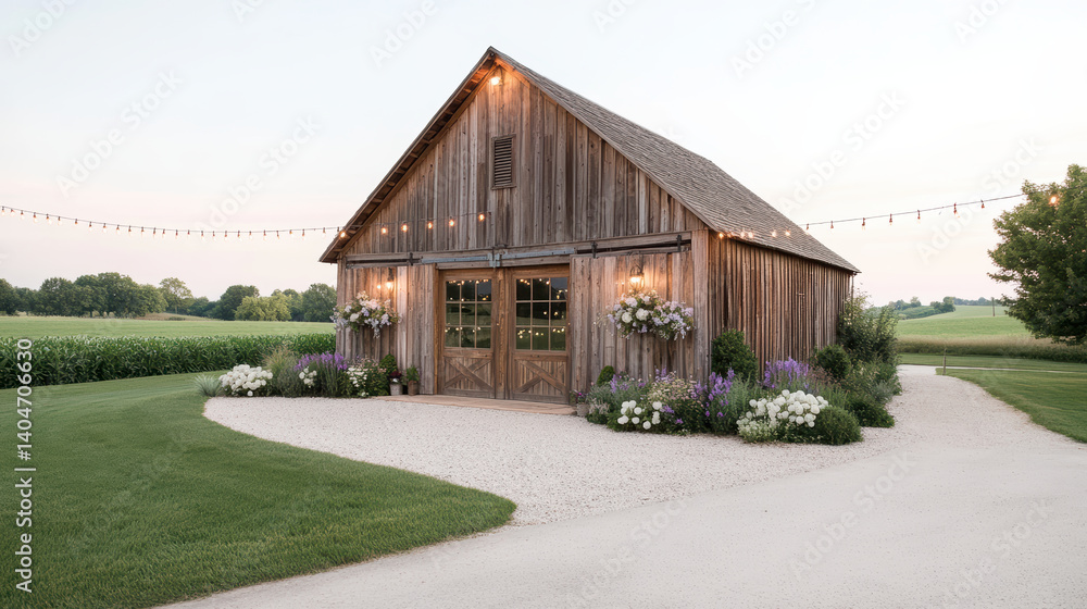 Obraz premium Rustic barn with string lights and beautiful landscaping in serene countryside setting