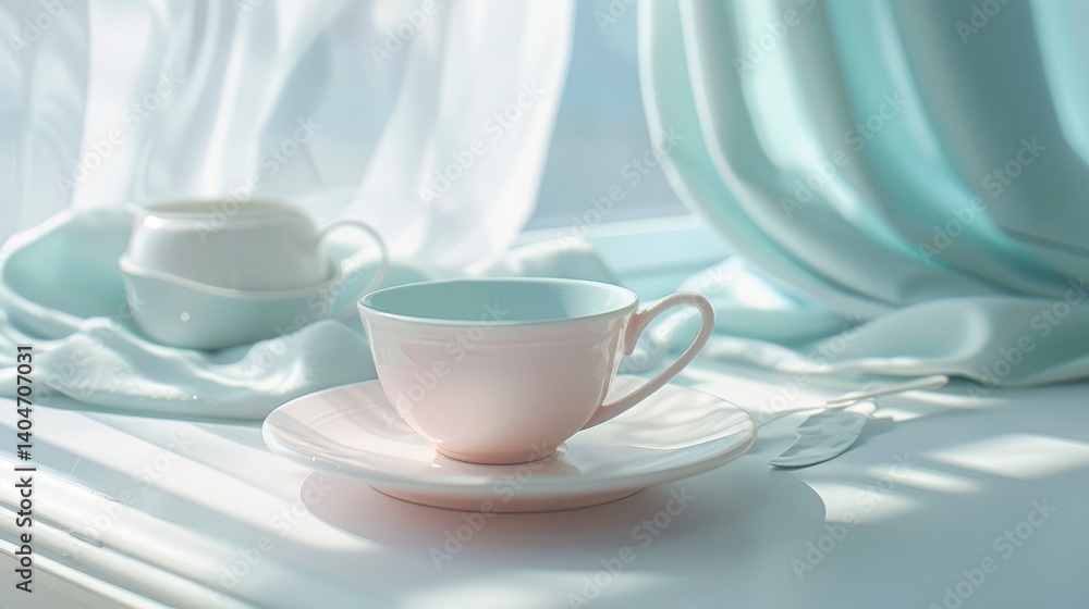 Serene morning scene with delicate porcelain cup on a sunlit table, soft curtains billowing gently Serene morning scene with delicate porcelain cup on a sunlit table, soft curtains billowing gently
