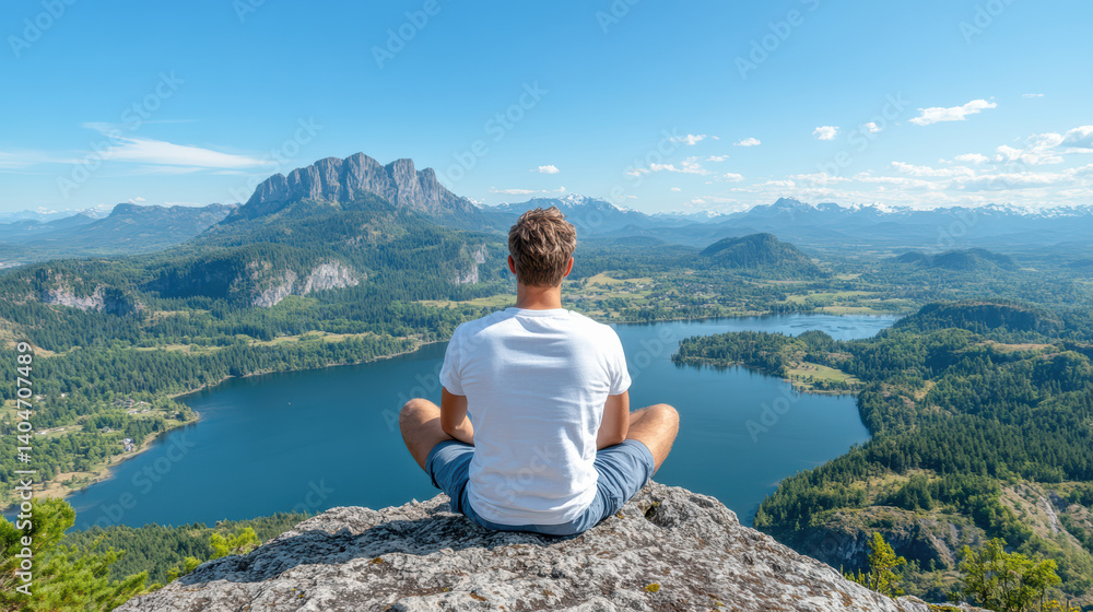 Fototapeta premium solo traveler enjoys scenic overlook, meditating cliff with breathtaking view of mountains