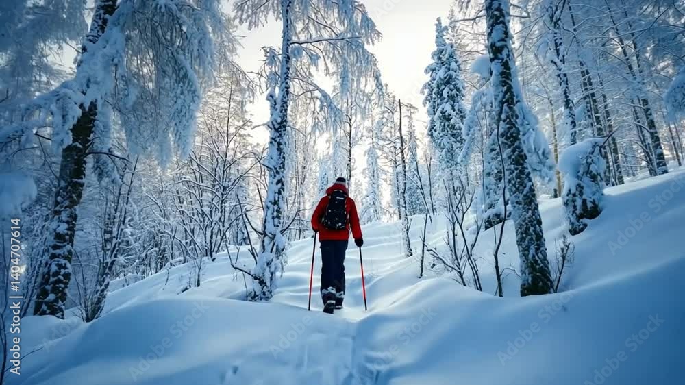 This stunning image captures a skier in a serene snowy landscape, surrounded by tall, frosted trees. A peaceful winter morning that inspires adventure and exploration. AI This stunning image captures a skier in a serene snowy landscape, surrounded by tall, frosted trees. A peaceful winter morning that inspires adventure and exploration. AI